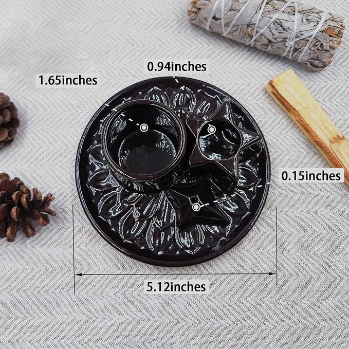 Sage and Palo Santo Holder,4 in 1 Incense Burner Holder for Sticks,Ceramic Sage Holder for Burning,Candle Holder,Ash Catcher Tray for Meditation Yoga,Black
