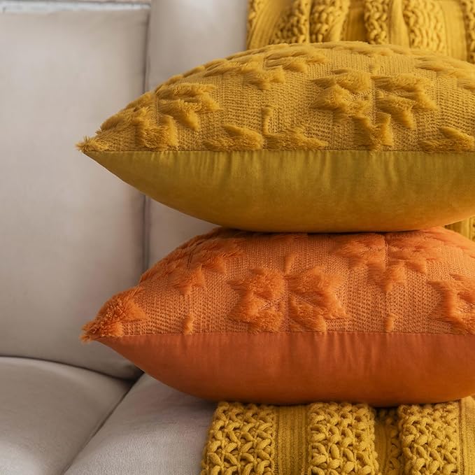 Maple Leaf Fall Throw Pillow Covers 20"x20" Set of 2, Mustard Yellow Farmhouse Decorative Pillow Covers for Autumn Harvest Holiday Accent Pillowcases, Faux Fur Pillow Cover for Couch Bed Room