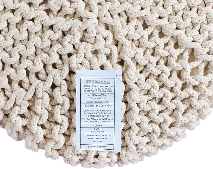 COTTON CRAFT Braided Round Pouf - Hand Knitted Cotton Cord Cable Dori Cylindrical Ottoman - Foot Stool - Floor Pouf - Footrest - Accent Seat - Living Room Bedroom Dorm Décor - 15 Round x 16 H - Ivory