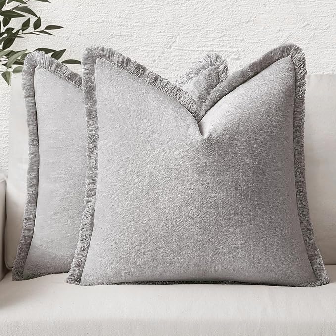 MIULEE Decorative Throw Pillow Covers Neutral Linen Fringe Throw Pillows Set of 2 Light Grey Boho Farmhouse Cushion Covers with Tassels for Couch Sofa Bed Living Room Spring Home Decor 20x20 Inch