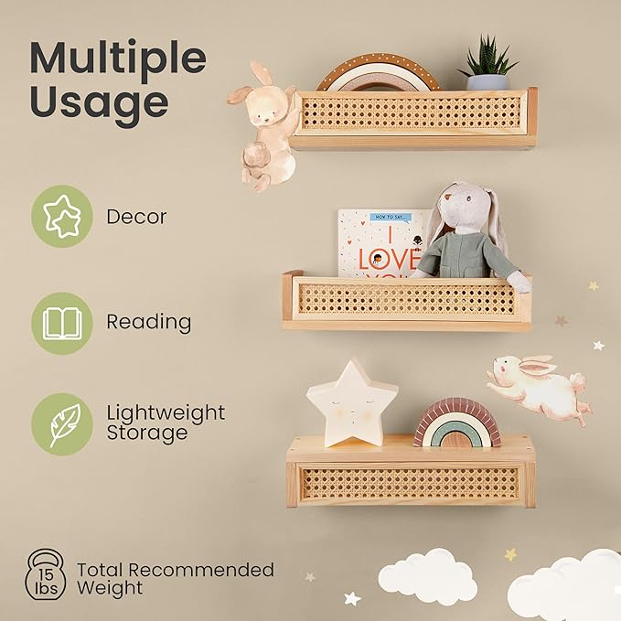 Rattan Floating Shelf Set of 3, Nursery Book Shelves for Wall Decor in Boho Style, Wall Shelf for Kids, Baby Bookcase for Nursery, Floating Book Shelves for Playroom, Wicker Wall Shelf
