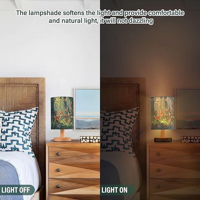 Table Lamp Forest Animal Deer Fox Butterfly Bird Flower Nightstand Lamp with Wood Base Fabric Lamp Shade Bedside Desk Lamp for Living Room Bedroom Kids Room Office