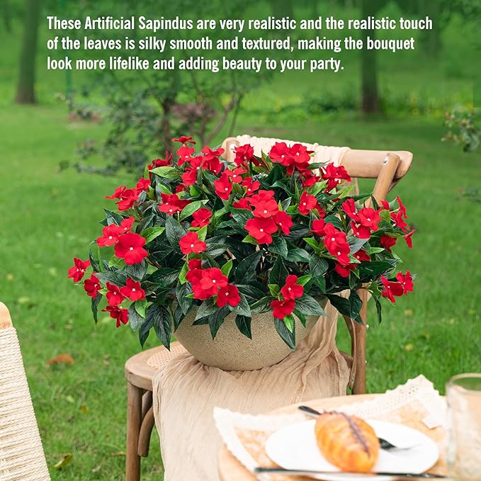 Uqueeten15.7” Spring Decorations for Home Flowers Fake Plants Fake Flowers Artificial Impatiens Bouquet Flowers for Outdoors Silk Faux Flowers Impatiens Plants Decor Indoor Planters 8PCS Red