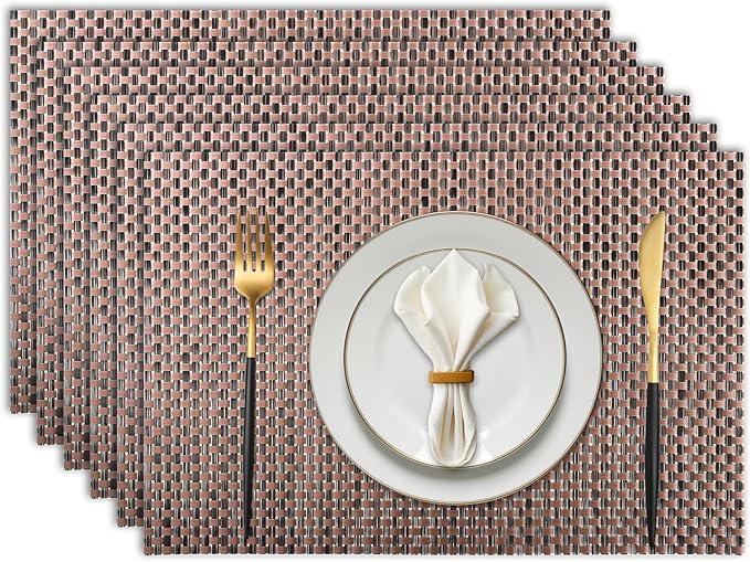 Vinyl Plastic Placemats Set of 6 Washable Heat Resistant Non-Slip Elegant Indoor Outdoor Kitchen Dining PVC Woven Table Place Mats (Black Red Weaving)