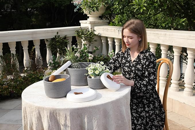 Cottonphant Set of 3 Stylish Round Woven Baskets with Lids - Elegant Storage Solution for Home Decor and Organization - Compact Shelf Baskets (Grey/White Lid, 10"x6"-8"x5"-6"x4")