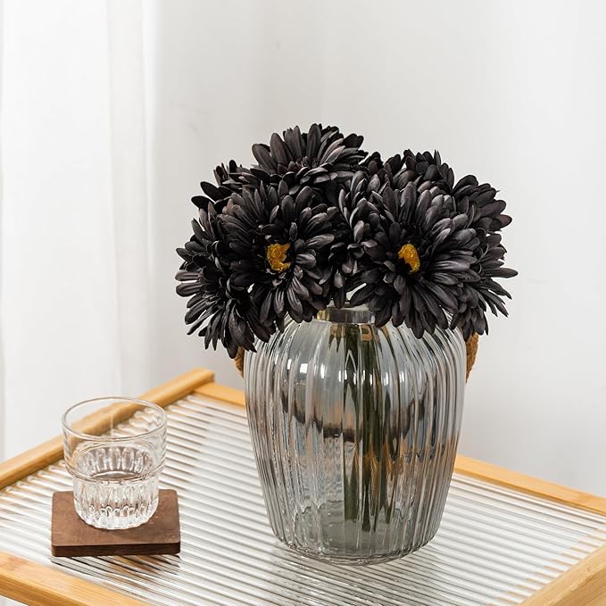 TOPIA Artificial African Daisies Flowers African Daisy Silk Flowers Artificial Gerbera Daisies Pack of 10 (Black)