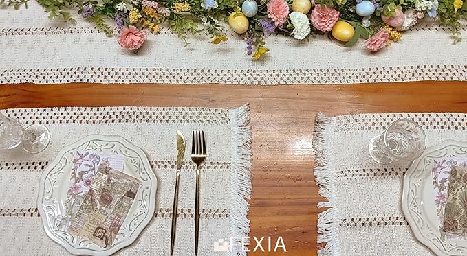 FEXIA Boho Placemats Set of 4, Macrame Table Decor and Farmhouse Style Placemats Natural Cotton Burlap, for Dining Table Kitchen