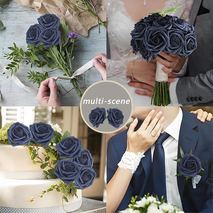100Pcs Navy Blue Artificial Flowers Roses Real Looking Foam Fake Roses with Leaves and for DIY Wedding Bouquets Bridal Shower Centerpieces Party Decorations (Navy Blue, 100)
