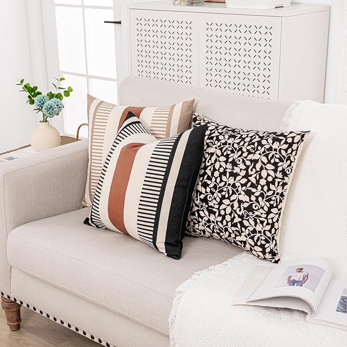 Farmhouse Stripe Pillow Cover 18x18 Boho Accent Cushion Case Faux Leather Decorative Pillowcase,Black and Beige (Cover ONLY, Pack of 1)