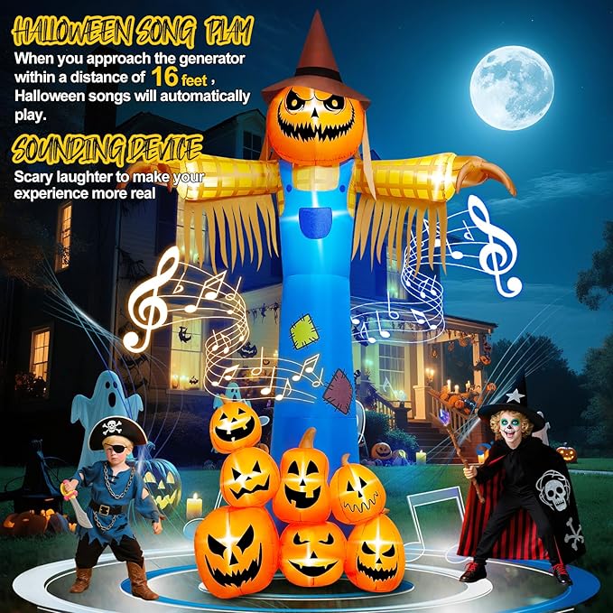 Kalolary 12.5 FT Halloween Inflatables with Music, Giant Pumpkin Scarecrow Inflatable with LED Light Blow Up Yard Decor with Scary Sound for Outdoor Garden Lawn Holiday Party Supplies