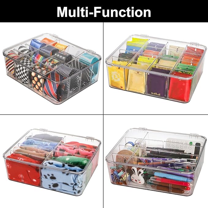 Plastic Sock Underwear Drawer Organizer Dividers, 16 Compartment Clear Tie Organizers with Lid, Removable Divided Wardrobe Storage Box for Tie, Bra Storage