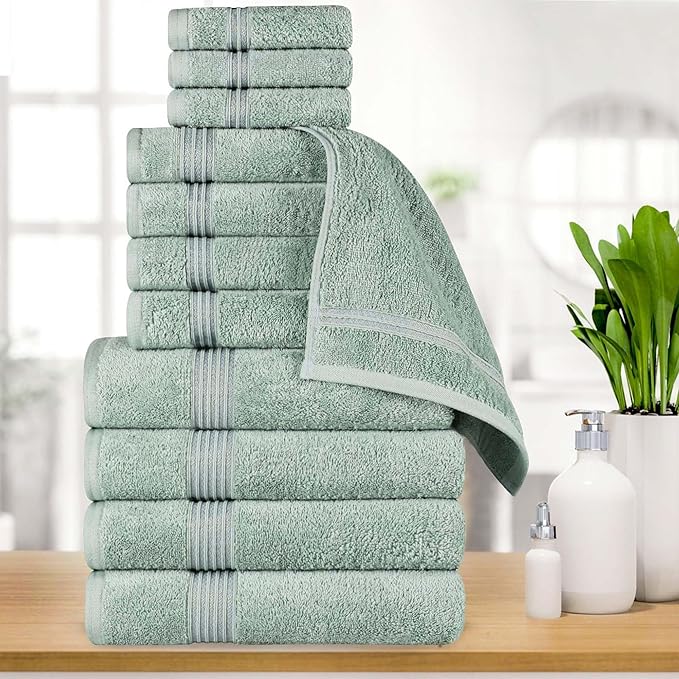 Superior Egyptian Cotton 12-Piece Towel Set, Assorted Towels for Home Bathroom, Guest Bath Decor Essentials, Includes 4 Bath, 4 Hand, 4 Face Towels/Washcloths, Quick Dry, Absorbent - Sage