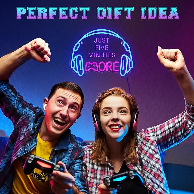 Gaming Neon Sign, Large Bright and Dimmable Colored LED Headset Gamer Neon Light and USB Powered Headphone Lightup Game Signs for Game Zone Video Room Boy Bedroom Wall Decor (Just Five Minutes More)
