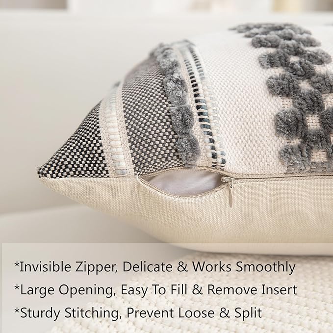 Throw Pillow Covers 18x18 Set of 2 for Couch-Modern Farmhouse Sofa Decorative Boho Pillow Covers Textured Chenille Cushion Covers Outdoor Netural Bohemian Pillow Cases Grey