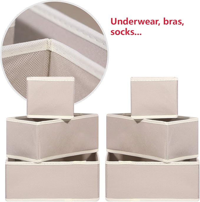 DIOMMELL 9 Pack Foldable Cloth Storage Box Closet Dresser Drawer Organizer Fabric Baskets Bins Containers Divider for Baby Clothes Underwear Bras Socks Lingerie Clothing,Beige 333