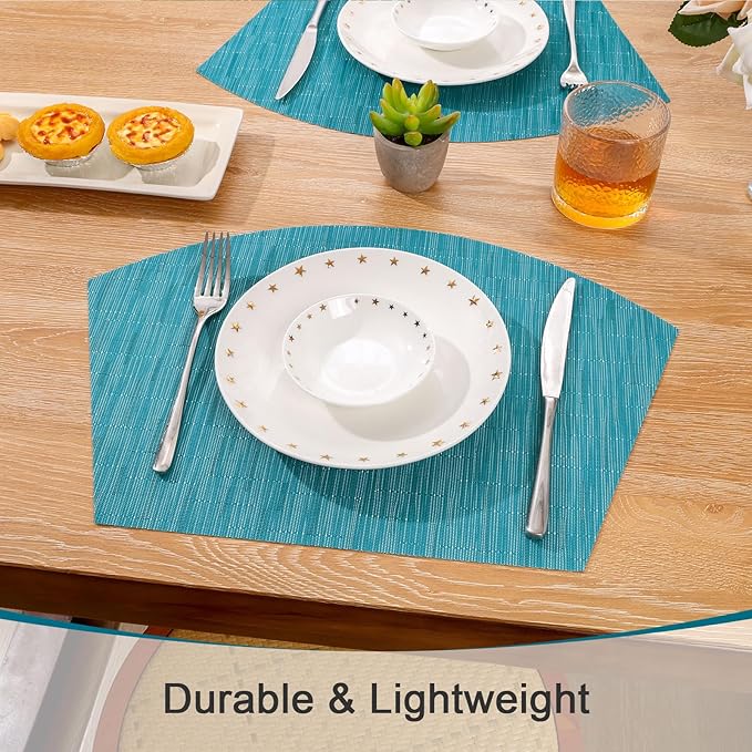SHACOS Wedge Placemats Set of 8 Woven Vinyl Plastic Placemats for Round Table Place Mats Wipe Clean Non Slip Table Mats, Teal Blue