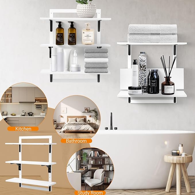 24-Inch Floating Shelves for Wall,3-Tier Wooden Wall Mounted Kitchen Shelves with Foldable Brackets,Hanging Wall Shelves for Living Room, Coffee Bar,Bedroom, Bathroom,Classic White