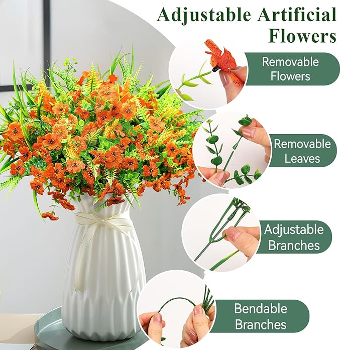 24 Bundles Artificial Flowers for Outdoors Spring Summer Decoration, UV Resistant Eucalyptus Violet and Lavender Silk Fake Plants for Outside Indoor Yard Home Patio Porch Decor, Orange