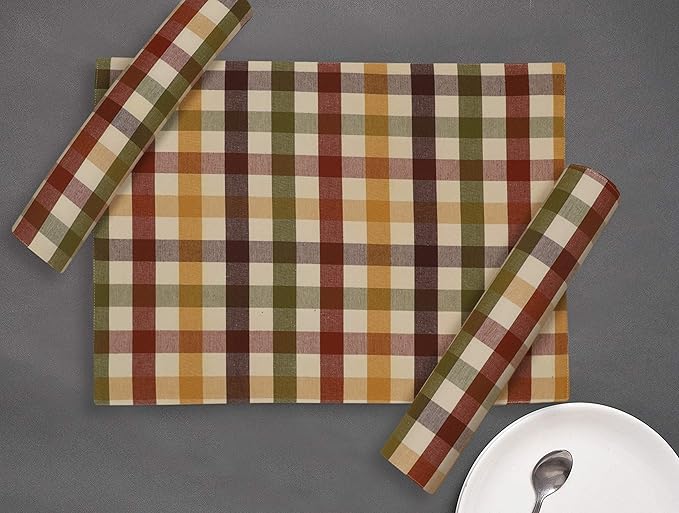 Urban Villa HarvestPlacemats for Dining Set of 6 Over Sized 14''x 20'' Buffalo Check Plaid 100% Cotton Thanks Giving Placemats FallPlacemats Everyday Use Heavier Quality