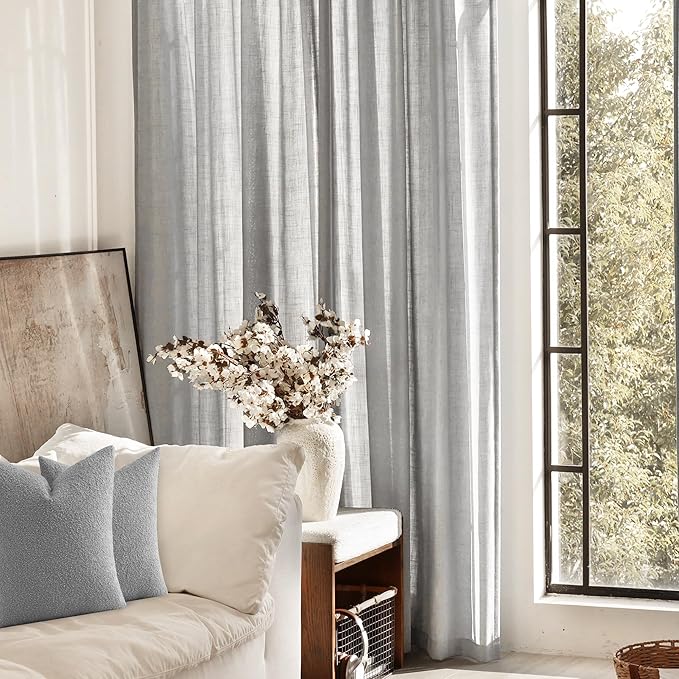 Linen Blend Grey Curtains for Living Room Back Tab Modern Farmhouse Semi Sheer Light Gray Curtains 90 inches Long 2 Panels Set Muted Neutral Cotton Texture Window Curtain for Dining Room Bedroom