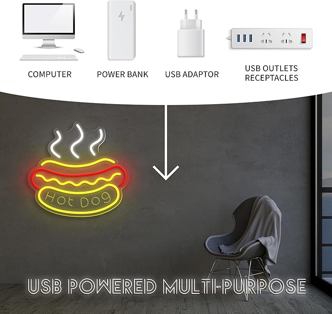 Hot Dog Neon Sign Dimmable Light up Hot Dog Led Business Signs Suitable for Fast Food Shops Bar Restaurant Decor Christmas Birthday Party Gift USB Powered Food Neon Lights
