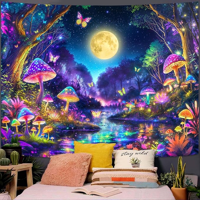 Kanuyee Blacklight Tapestry Butterfly Moon Wall Tapestry Magical Forest Tapestries for Bedroom Magical Tapestries Aesthetic Bedroom Room Decor Moon 44×60 Inches