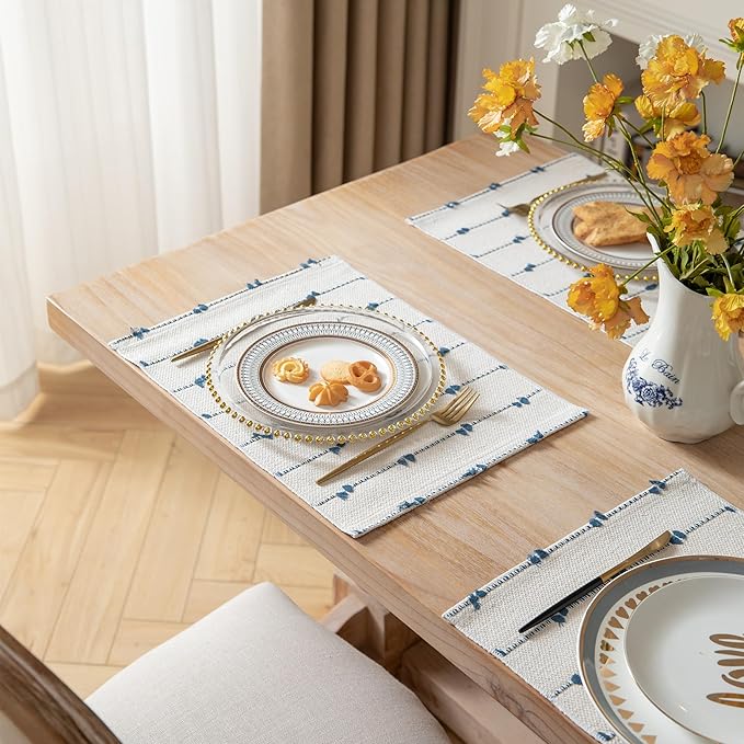 Boho Placemats Set of 6 for Dining Table Decor, Woven Cloth Place Mats for Farmhouse Rustic Kitche Home Decor, Cotton Placemats 13 x 19 Inch, Blue and Beige Table mats
