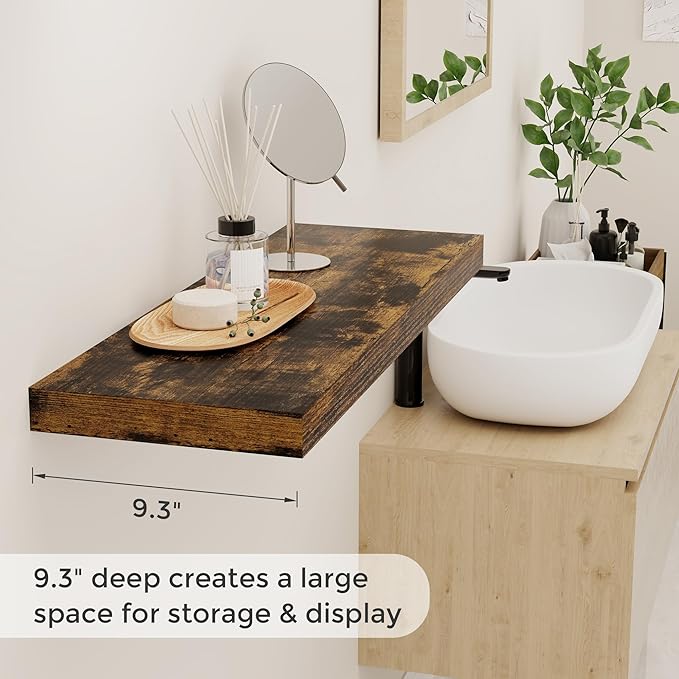 Fun Memories Floating Shelves 32" W x 9" D, Deep Floating Shelves for Wall, 9.3 Inch Deep Wall Shelves for Bathroom, Living Room, Wide Storage & Display Shelves for Home Decor, Rustic Brown Color