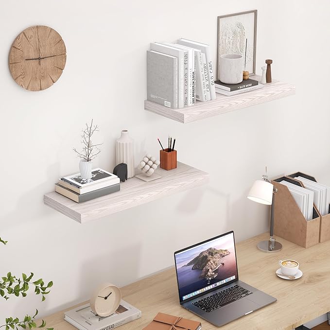 Fun Memories 24W x 9.3D Floating Shelves, 9.3" Deep Wall Shelves Set of 2, Farmhouse Rustic Wood Shelf 24 Inch Long, Large Display & Storage Shelves for Book, Living Room, Bathroom, Kitchen - Brich
