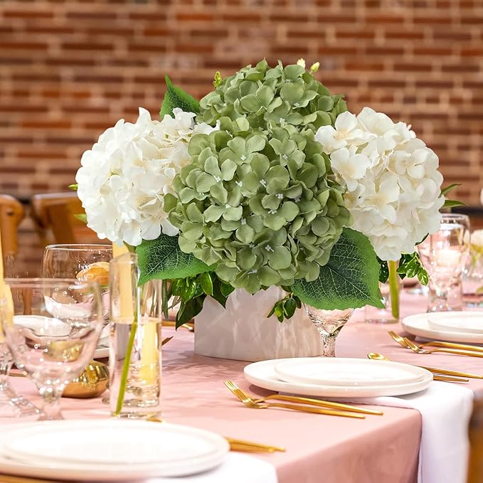 Green Flowers Artificial Hydrangeas, 5Pcs 20Inch Large Lifelike Faux Silk Flowers, Full Artificial Hydrangeas for Bouquet Table Centerpieces Indoor Spring Outdoor Home(Rosemary Green)