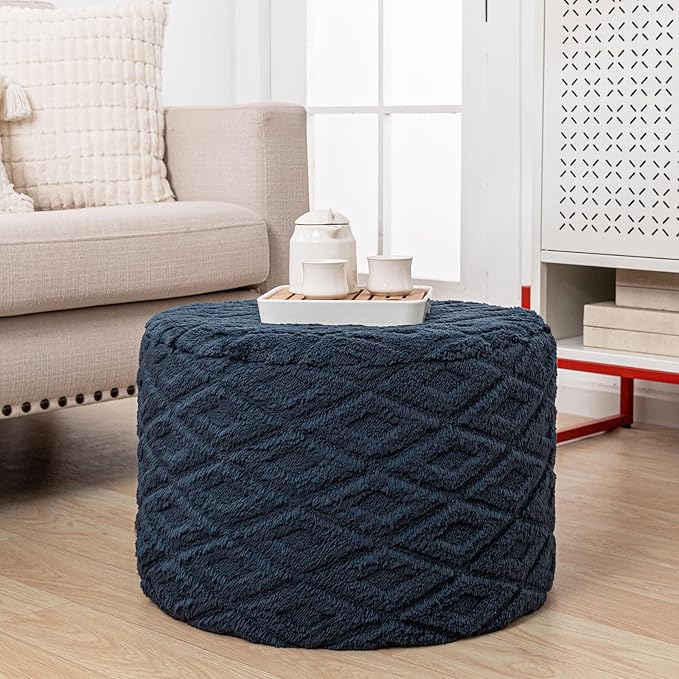 Fluffy Round Ottoman Pouf with All-in-One Foam Filling 20" x 14" Furry Ottoman Foot Rest Foot Stool for Living Room or Bedroom (Navy Blue)