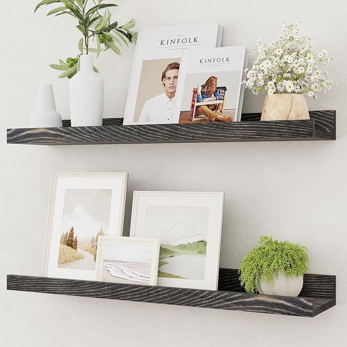 Picture Ledge Shelf, Solid Pine Wood Rustic Floating Shelves for Wall, 24 Inch Floating Shelves with Lip for Bedroom Kitchen Living Room Nursery Display Wall Decor, Set of 2 (Grey)