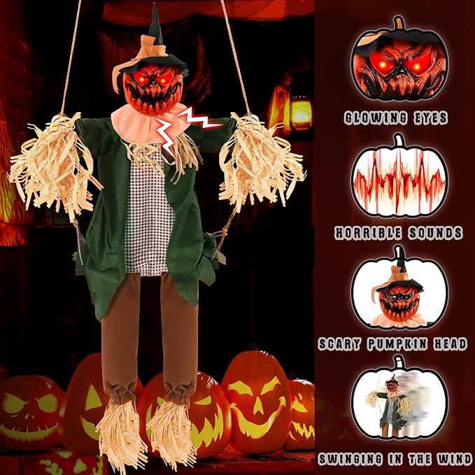 Scary Halloween Decorations - Outdoor Hanging Swinging Pumpkin with Sound & Slap Activated, Light Up Eyes Creepy Sound Expressions, Large Scary Decor Props for Indoor & Outdoor
