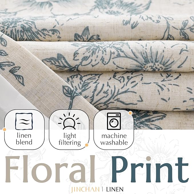 jinchan Lined Linen Blend Curtain Floral Curtains for Living Room 90 Inches Long Blue Peony Flower Printed Curtain Rod Pocket Back Tab Farmhouse Patterned Drapes Bedroom Window Curtains Set 2 Panels