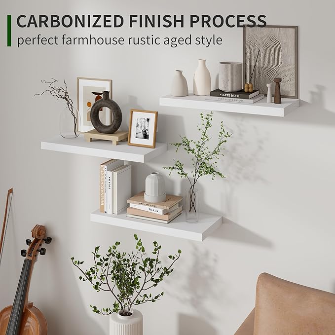 Marsmiles Wood Floating Shelves for Wall Set of 3, 17 Inch Wide Rustic Wooden Floating Shelves, Invisible Wall Mounted Display for Living Room Bedroom Kitchen Bathroom Office, White
