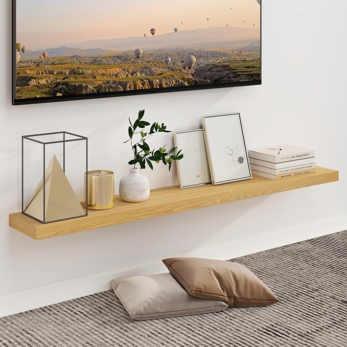Fun Memories 55 Inch Fireplace Mantel - Long Floating Shelf, Wall Mounted Farmhouse Display with Invisible Heavy Duty Metal Bracket, Oak
