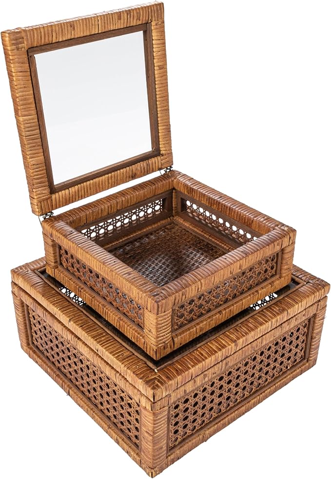 Creative Co-Op Modern Decorative Square Woven Rattan and Wood Display Boxes with Glass Top, Set of 2 Sizes, Dark Brown Finish