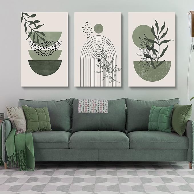 Sage Green Wall Posters & Prints, Green Boho Wall Art Set of 3, Minimalist Framed Wall Art Geometric Line Leaf Sun Moon Beige Green Canvas Artwork Paintings