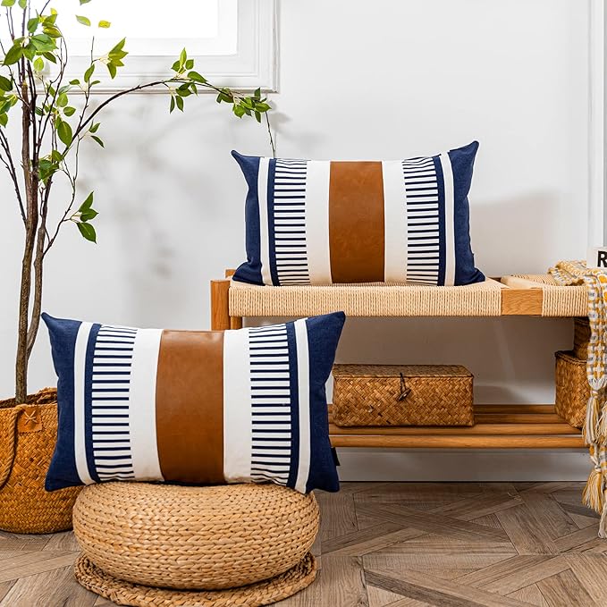 Set of 2 Navy Blue and White Stripe Throw Lumbar Pillow Covers 12x20 inch,Faux Leather Modern Accent Boho Cushion Cover for Couch Living Room Bedroom