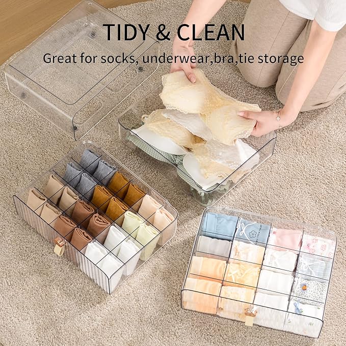 Socks & Underwear Drawer Organizer, 16 Cell Stackable Closet Organizer, Plastic Dividers for Baby Clothes, Bra, Ties & Belts