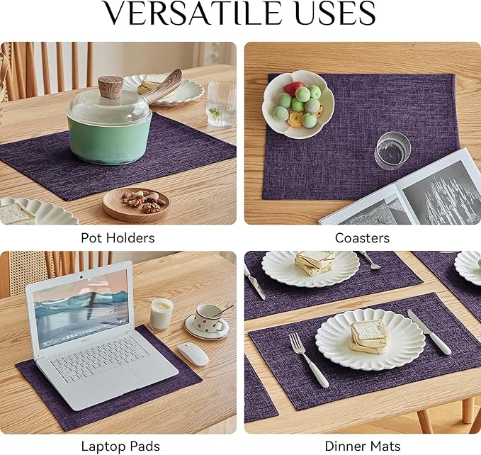 Softalker Faux Linen Placemats Set of 8-12 x 18 Inch, Heat Resistant Double Layered Durable Burlap Farmhouse Place Mats, Non-Slip Washable Rustic Table Mats for Dining, Kitchen, Party(Purple
