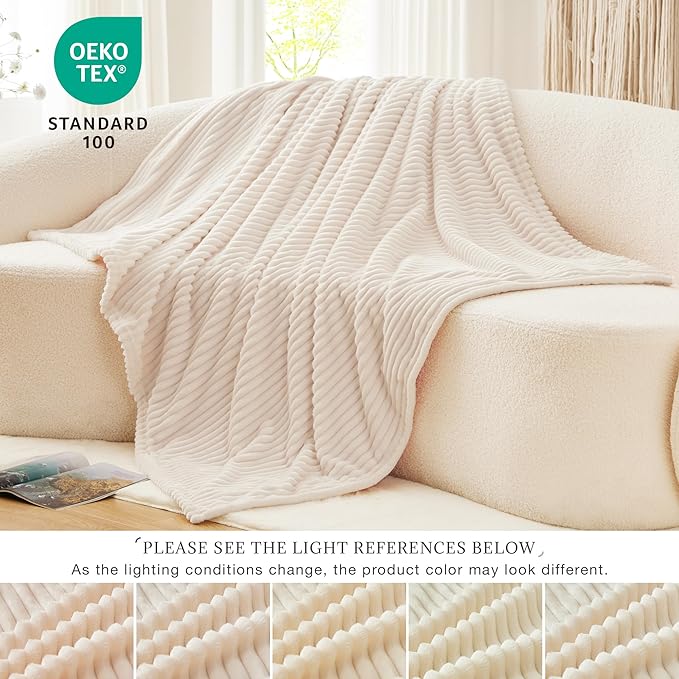 EXQ Home Fleece Throw Blanket for Couch or Bed - 3D Ribbed Jacquard Decorative Blankets - Cozy Soft Lightweight Fuzzy Flannel Blanket Suitable for All Seasons(50"×60",Beige)