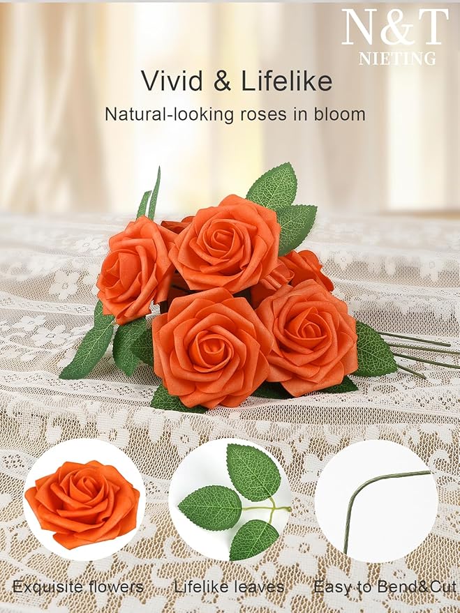N&T NIETING Artificial Flowers, Fake Flowers Burnt Orange Roses Perfect for DIY Wedding Bridal Bouquets Centerpieces Bridal Shower Party Home Flower Arrangement Decorations, 25Pcs