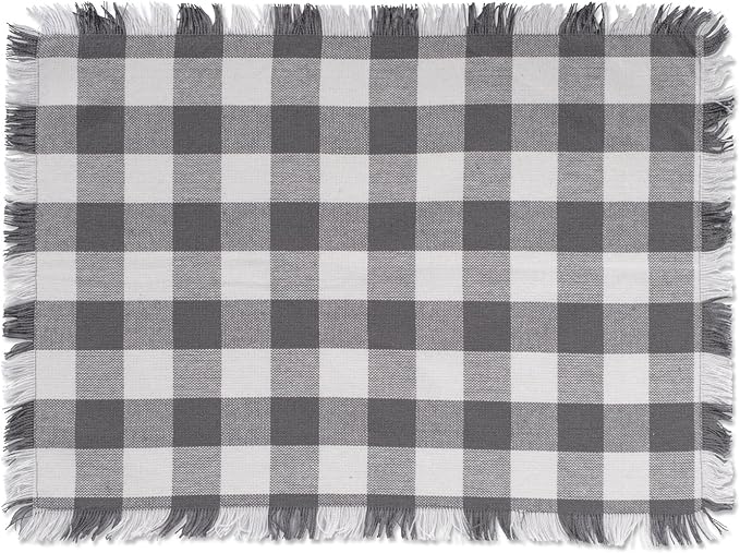 DII Heavyweight Fringed Check Tabletop Collection, Placemat Set, 13x19, Gray, 6 Piece
