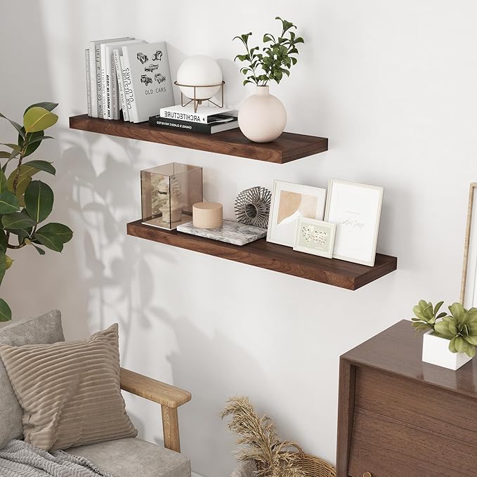 40"W x 9"D Floating Shelves, 9.3 Inch Deep Wall Shelves Set of 2, Farmhouse Rustic Floating Shelf 40 Inch Long, Wide Storage & Display Shelves for Bathroom, Living Room, Kitchen, Walnut Color