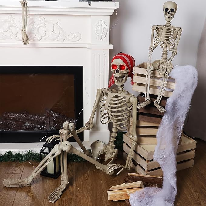 yosager 2 Pcs Halloween Skeleton Decorations, 5.4ft & 3ft Pose-N-Stay Life Size Skeleton with Glowing Eye, Human Bones Full Body Realistic with Posable Joints, Pose Skeleton Prop, Haunted House Decor