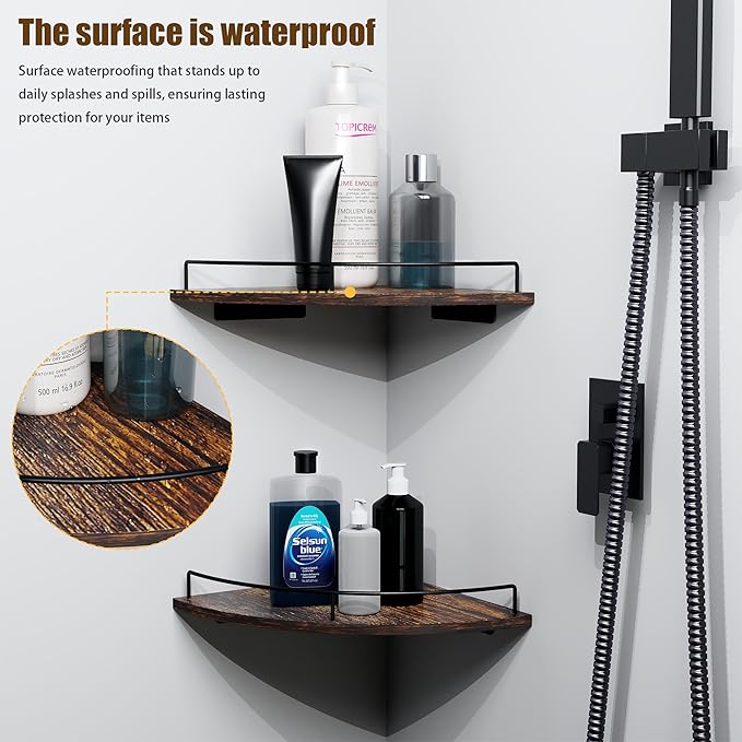 Corner Floating Shelves, Rustic Brown Wood, Set of 2, Wall Mount Storage with Guardrail for Bathroom Kitchen Living Room