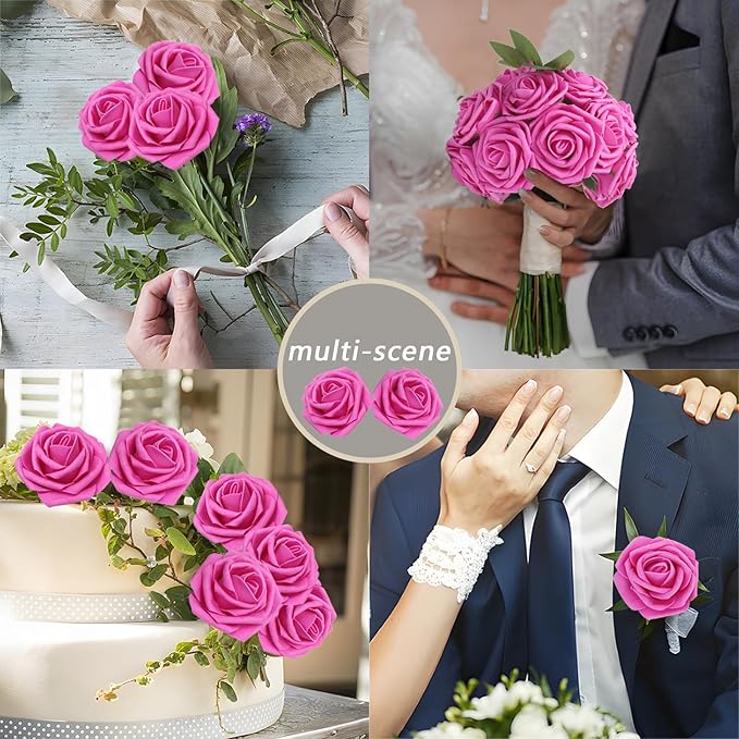 Artificial Flowers Roses Real Looking Foam Fake Roses with Leaves and for DIY Wedding Bouquets Bridal Shower Centerpieces Party Decorations (Hot Pink, 100)