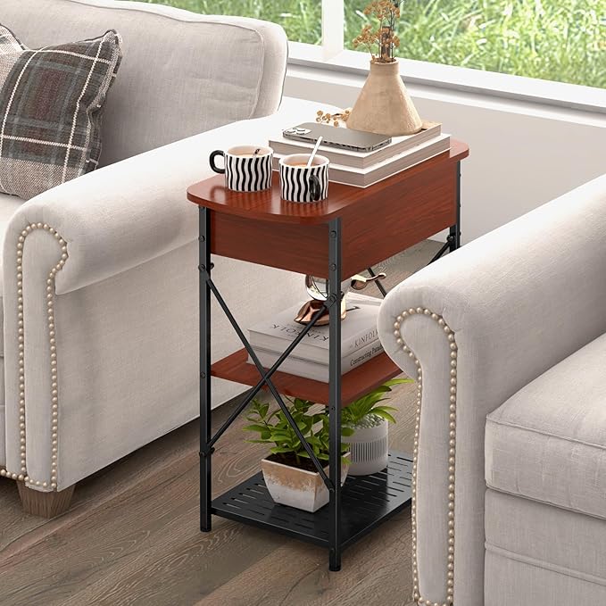 Narrow Side Table with Charging Station, End Tables Set of 2 for Small Spaces, Flip Top End Table with Storage, Side Tables Set 2 Living Room, Nightstand with Drawer for Bedroom, Cherry