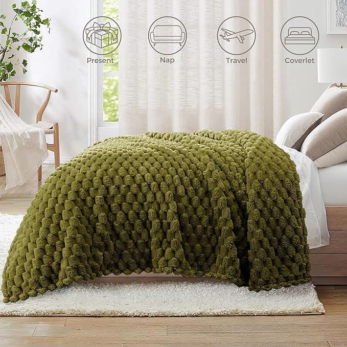 Whale Flotilla King Size Blanket for Bed with Jacquard Pattern, Fuzzy Soft Cozy Exquisite Blankets for All Season, Warm and Fluffy, 90x104 Inch, Olive
